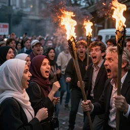 photograph two mobs taunting each other. left mob has hijab wearing women, right mob has angry geert wilders and torch - wielding people, shouting, crazy eyes, atmospheric lighting, by joel meyerowitz, by saul leiter