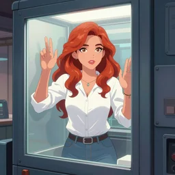 a beautiful comic book illustration of a red-headed woman with white shirt and jeans looking through a glass panel machine by Jerome Opeña, featured on artstation