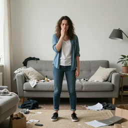 woman stands in here messy house adhd - ip