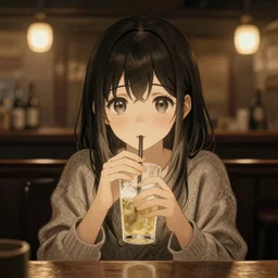 anime girl sitting and drinking in a cozy bar, volumetric lighting, symmetrical face, detailed face, hyper real, pencil art, moody lighting, cute, comfy