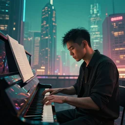 cyberpunk world, a man playing piano in front of city skyscrapers