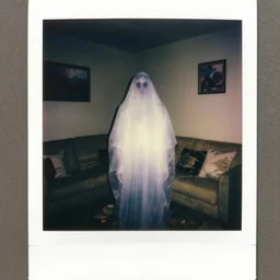 coloured atmospheric polaroid 1 9 9 8 photo of a realistic wraith transparent smoky figure in a interior of living room low light