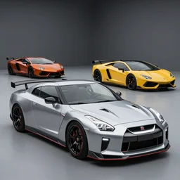 nissan gtr r 3 4, mercedez benz and supra in the shape of lamborghini huracan concept car design, car photography, 4 k, high resolution, highly detailed