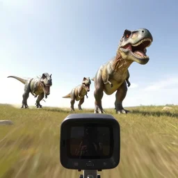 gopro photo first person perspective, dinosaurs attacking and chasing