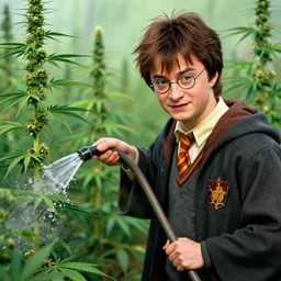 aa portrait of harry potter watering a cannabis field with a hose in hogwarts, marijuana plants, realistic face, digital illustration, in the style of greg rutkowski, very detailed, artstation, smooth, cinematic, sharp