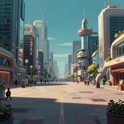 street level view of empty plaza in retro robot city at the other side of nowhere, sharp digital painting. retrofuturism. concept art. artstation. casey weldon. digital render. dan mumford.