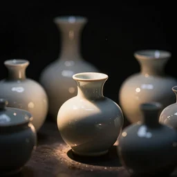 studies of shino ceramics with organic shapes, in black background, bokeh, macro view, megapixel, floodlight, moody lighting, cinematic lighting, global illumination, ray tracing reflections