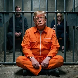 a headshot portrait of Donald trump wearing a orange jumpsuit, sitting on the floor of a filthy rat infested concrete jail, dimly lit, volumetric lighting, in jail by craig mullins and Annie Leibowitz, octane, 8k,