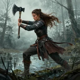 female Viking warrior, dynamic pose, attacking with an axe. Illustration, poster art, filmic, swamp, sharp. 8k.