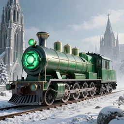 streamline gothic steel strain with green lantern, retro, locomotive, art Deco style, Streamline style, gothic cathedral style, octane render, snow, 8k, Realistic, HDR, artstation
