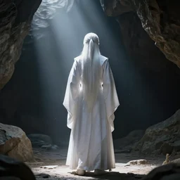 a full body back samarai cloaked in white with white long hair, standing in light beam of a dark cave, high quality, ultra detail, wide view