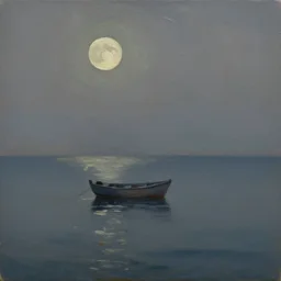 lonely boat sailing through calm night sea, 8 k, impasto paint, oil on canvas, muted colours, full moon shining,