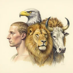 a creature with four heads. one human head, second eagle head, third lion head, fourth ox head. drawn by francis bacon