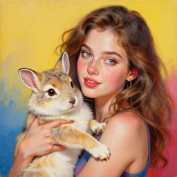 amazing beautiful and very detailed painting of a beautiful woman holding a cute animal. vibrant colors, very funny, personal, positive, visually pleasing and engaging. high resolution. high quality. hq hd. trending on artstation.
