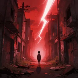 abandoned apocalyptic old alley with a kid at the centre, epic red sunlight, perfect lightning, illustration by niko delort,