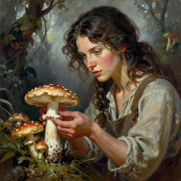 A mixed media portrait painting of a beautiful mycologist woman tending her mushrooms, detailed Aesthetic! face and eyes, slavic, by Frank Frazetta, Greg Rutkowski, Beeple, Boris Vallejo, Yoko Taro, Christian MacNevin, epic fantasy character art, high fantasy, CGsociety, full length, exquisite detail, post-processing, masterpiece, cinematic