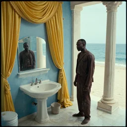 movie still by djibril diop mambety of a washy blue neoclassical bathroom with yellow drapery with columns next to the ocean, cinestill 8 0 0 t 3 5 mm, heavy grain, high quality, high detail, isometric view