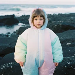 high quality pastel coloured film close portrait photograph of a beautiful young 2 0 year old female, soft features, short hair, and oversized inflated clothing!!!! icelandic black! rock pool environment. atmospheric three point light. photographic. art directed. ( pastel colours ). volumetric. clearcoat. waves. 8 k. filmic.