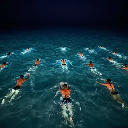 swimming diverse groups of humans glowing sea at night, from behind, wide angle, elaborate, highly detailed, beautiful lighting