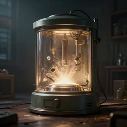 magical reality altering machine in a dimly lit room, light shining from the machine and illuminating the dust particles in the air, style of octane 3 d, unreal engine
