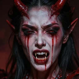 A masterpiece head and shoulders portrait of a Demon with fangs crying tears of red blood