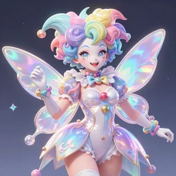 highly detailed, digital art, pixiv fanbox, trending on artstation, ray tracing, volumetric lighting, sharp focus, hq, overwatch style, cute fairy clown, pastel rainbow color scheme, iridescent and pearlescent, arcane, by artgerm, wlop, greg rutkowski, hayao miyazaki