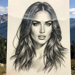 megan fox creative double exposure effect with beautiful mountain scenery, medium sized tattoo sketch, amazing detail, trending on pinterest, in the style of brandon kidwell, mash up