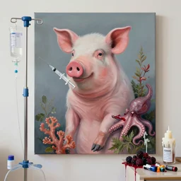 “ a portrait in a female art student ’ s apartment, sensual, a pig theme, syringe, coral, anaesthetic, surgical supplies, surgical iv drip, octopus, ikebana, herbs, a candle dripping white wax, squashed berries, berry juice drips, acrylic and spray paint and oilstick on canvas, surrealism, neoexpressionism ”