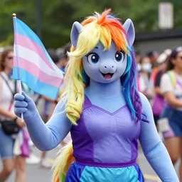 the great and powerful trixie from mlp holding a trans flag at pride parade, candid, award winning photo, lgbt pride, trans rights, highly detailed photograph, dslr