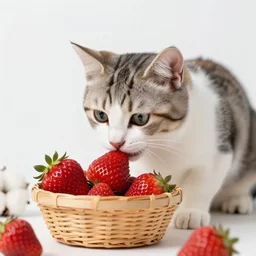 kitten eating strawberries in a basket of cotton