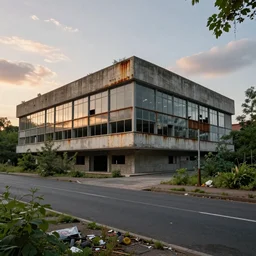 a street view of brutalist architecture by Le Corbusier, abandoned arts center, empty streetscapes, surrounded by lush green vegetation, ground-level view, natural volumetric lighting, sunset, rusted steel, solid concrete, glass, stunning skies, scattered rubbish and debris, 8k, photorealistic, hyper detailed, unreal engine 5, IMAX quality, cinematic quality, beautifully illustrated, sharp focus, minimal artifacts, from DOOM, by Greg Rutkowski, trending on Artstation