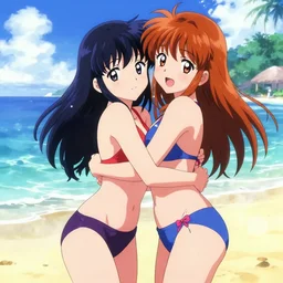 two girls in swimsuits at the beach hugging, sprite, vaporwave nostalgia, directed by beat takeshi, visual novel cg, 8 0 s anime vibe, kimagure orange road, maison ikkoku, sketch by osamu tezuka, directed by makoto shinkai and beat takeshi