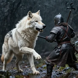 one large white wolf fighting a medieval soldier, artstation, jakub rozalski, high detail, dramatic lighting, night, rain