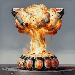 a photorealistic highly detailed painting of a y 2 k 1 9 8 0's nuclear bomb explosion made of sushi next to a bedroom window by johfra bosschart, lisa frank, kinkade, visionary art, dark fantasy art, high detail, trending on artstation
