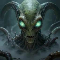 grotesque alien with long forehead. green semitransparant cloudy lightly glowing eyes. high quality photorealistic octane render 4 k, hyperrealism, volumetric fog, scary, unnerving, serious, dark, fear, concept art, trending on artstation, symmetric, horror, gigantic kaiju looking down worms - eye - view