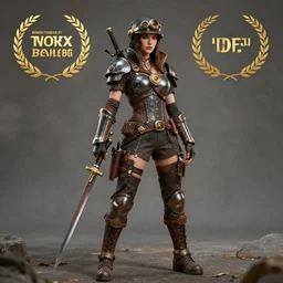 full length photo of a real - life beautiful dieselpunk warrior with weapons, 8 k, hdr, smooth, sharp focus, high resolution, award - winning photo