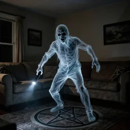 transparent horror demon evil spirit attacks in living room with pentacle out interior photos shot on iphone, dynamic pose, full body shot, sharp focus, grainy, corpse, paranormal flashlight, deep night,,