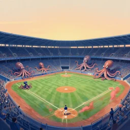 local baseball match with octopus creatures held in a stadium, by zdzislaw beksinski, by lewis jones, mattias adolfsson, cold hue's, warm tone gradient background, concept art, digital painting