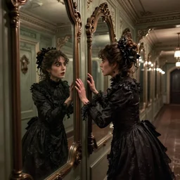 a beautiful victorian woman is frightened by her doppleganger in a mirror. she is in a long hallway of mirrors. elegant design, haunting atmosphere, dimly lit, gothic, horror style, realistic, low angle, 3 / 4 view.