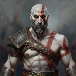 god of war kratos half body detailed portrait dnd, painting, brush strokes by gaston bussiere, craig mullins, greg rutkowski, yoji shinkawa