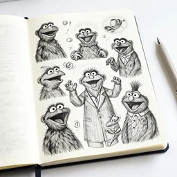 notebook lying open on a desk, filled with insane scribbled doodles of muppets, scribbled by a mad scientist