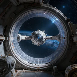 intergalactic stargate portal in a space station with a view of a star in the background