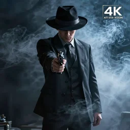 mysterious man in black suit and black hat, he has a pistol, smoke, fog, mysterious, 4 k, highly detailed, digital art, strong shadows, high contrast, epic scene, atmospheric, blue colours, trending on artstation