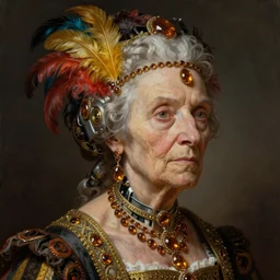 portrait headshot digital painting of a old 17th century old lady cyborg merchant, amber jewels, clorful feathers, baroque ornate clothing