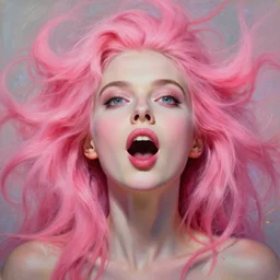 pink - haired woman, mouth opened, soft psychedlic body painting, no makeup, detailed lips, ahegao face, wide eyes looking up, detailed frontal declotage and thick flowing hair, by gil elvgren, julie bell, and randolph stanley hewton, fantasy, photorealism, splatter, bleed, epic lighting, hyperrealism, 8 k