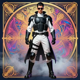coherent classic intricate symmetry detailed full body and face character design of realistic alt art androgynous agent slick black hair, white shirt kevlar tactical bulletproof armor jacket sunglasses heroic pose smoky neon background 1 9 2 0 s artgerm greg rutkowski alphonse mucha trending
