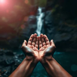 hands cupping a waterfall from the universe, bokeh, glamor shot, photography, photoshoot