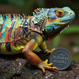 a reptil, detailed skin, trippy, fluorescent colors, engraving, rounded exlibris,