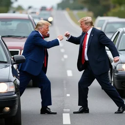 professional photograph of donald trump on the highway fistfighting cars, dramatization