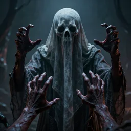 ghost with 4 hands, head covered, scary, evil, cinematic, award winning, hd, art, hell, 3 d, depth of field, highly intricated